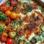 High Protein Veggie Bake with Cottage Cheese in a white baking dish with broccoli, zucchini slices, cherry tomatoes, and melted golden mozzarella.