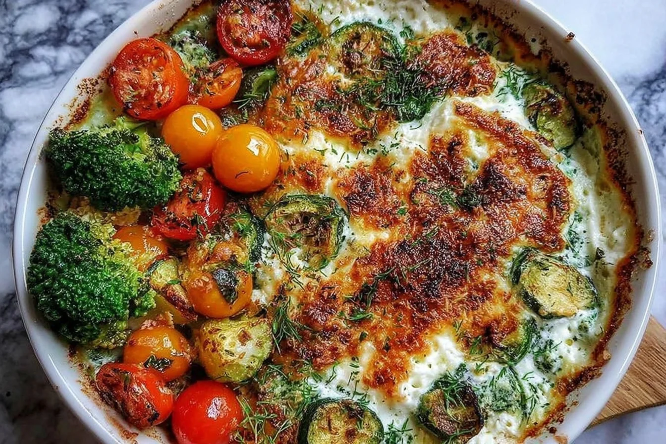 High Protein Veggie Bake with Cottage Cheese in a white baking dish with broccoli, zucchini slices, cherry tomatoes, and melted golden mozzarella.