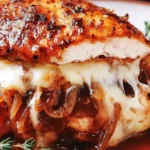 French Onion Stuffed Chicken sliced open with gooey melted cheese and jammy caramelized onions spilling out, golden and juicy on a plate.