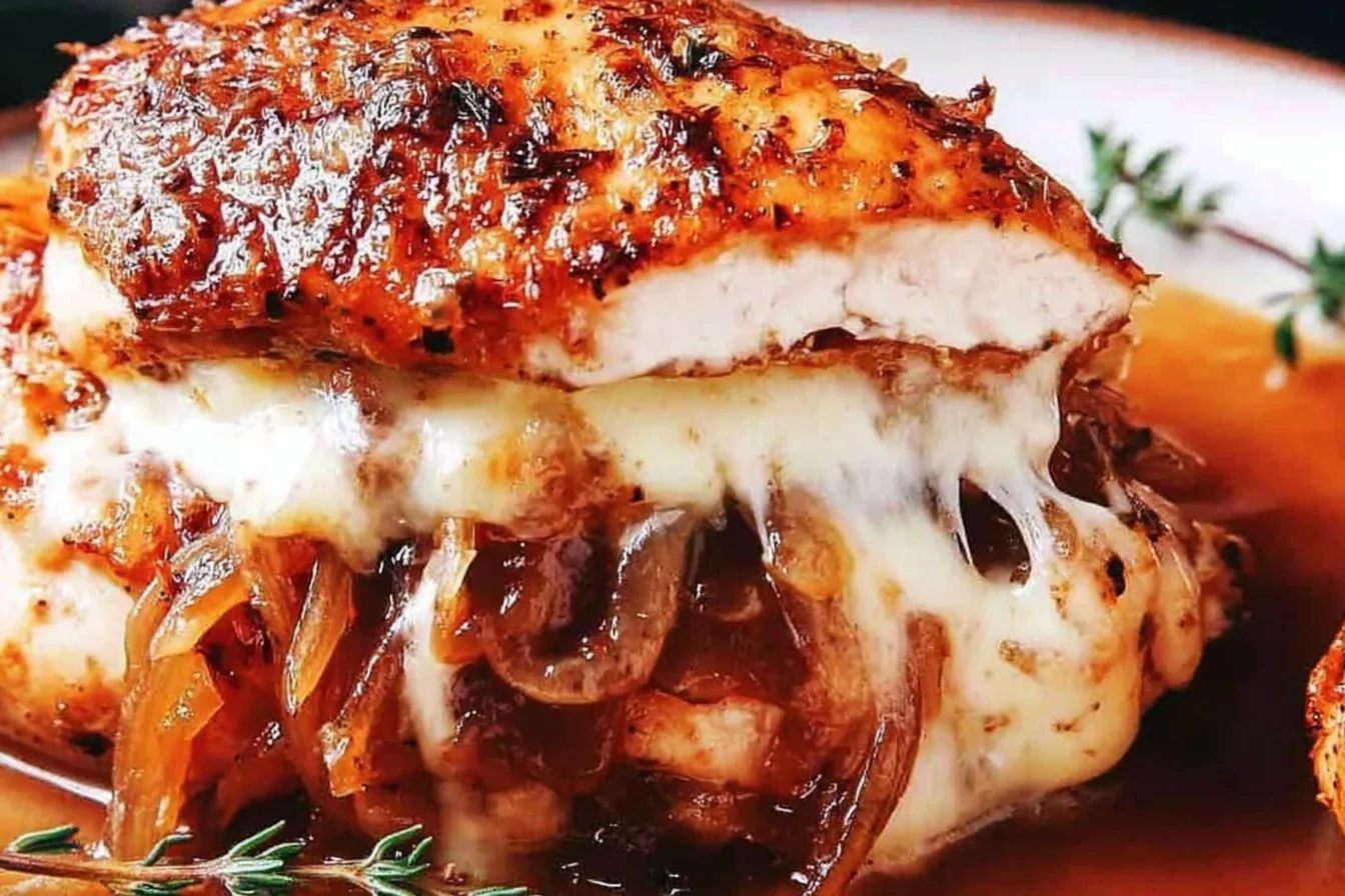 French Onion Stuffed Chicken sliced open with gooey melted cheese and jammy caramelized onions spilling out, golden and juicy on a plate.