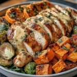 Maple Dijon Chicken Sweet Potato Bowls with sliced maple-Dijon glazed chicken, roasted sweet potato cubes, crispy Brussels sprouts, and herbs in a shallow bowl.