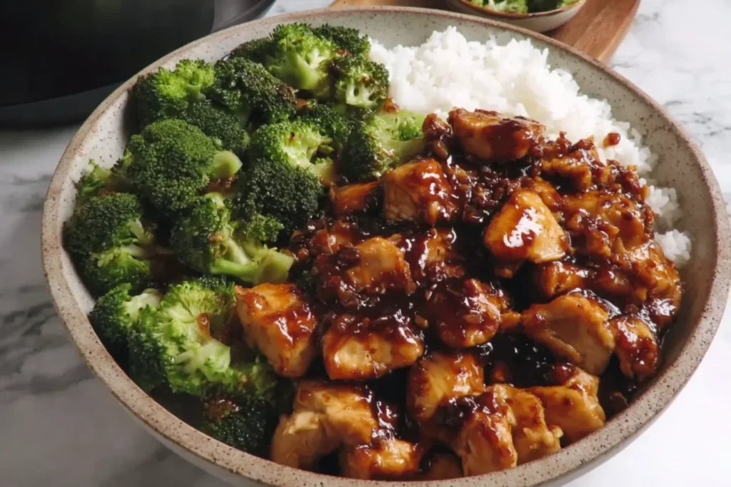 Close-up bowl of Crockpot Chicken and Broccoli with saucy, tender chicken, vibrant broccoli florets, and fluffy white rice.