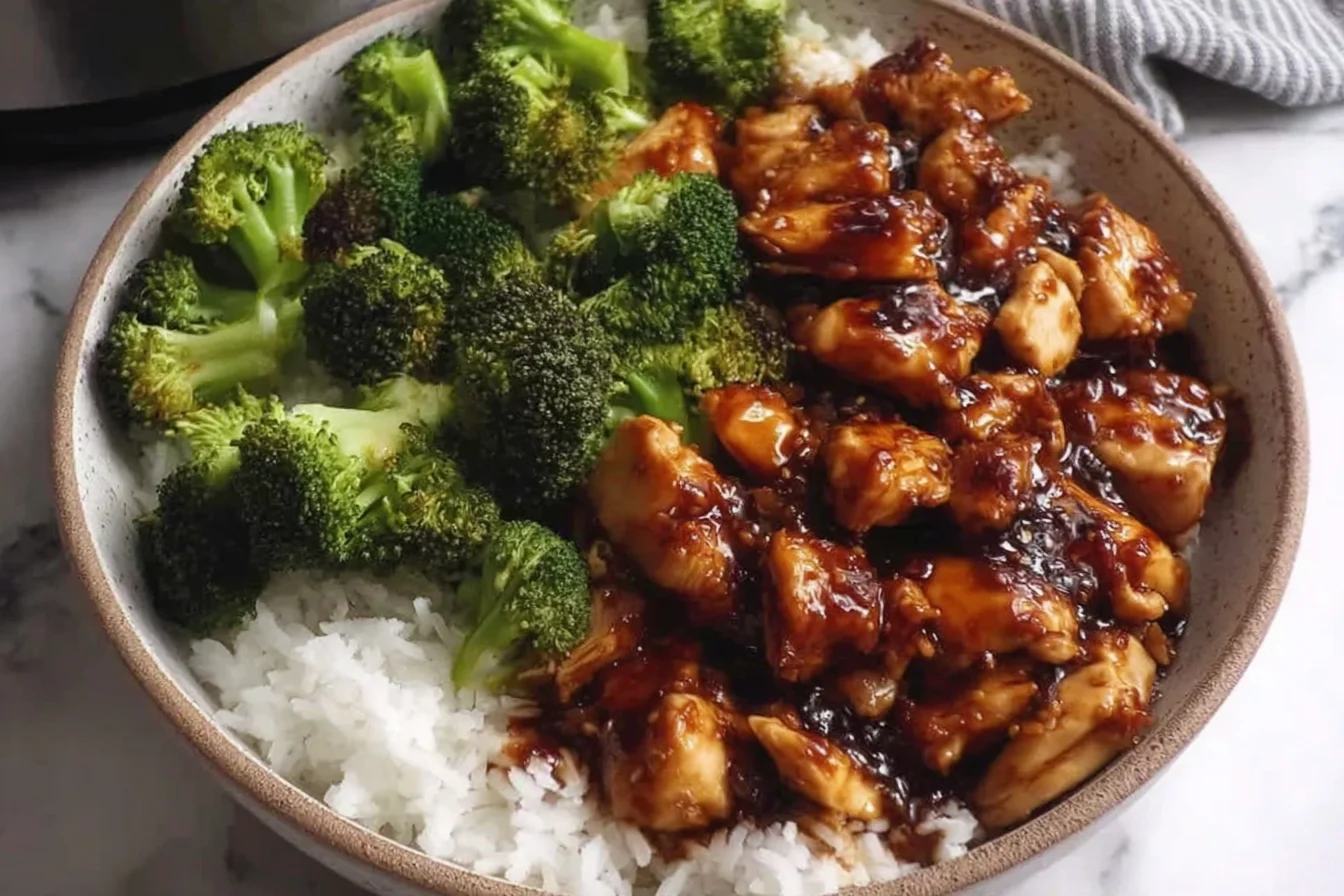 Bowl of Crockpot Chicken and Broccoli served over fluffy white rice with tender broccoli florets and a glossy sweet-savory sauce.