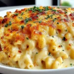 Chick fil A Mac and Cheese copycat with creamy elbow macaroni and a golden baked cheese top, garnished with herbs on a white plate.