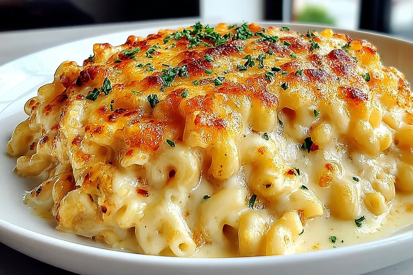 Chick fil A Mac and Cheese copycat with creamy elbow macaroni and a golden baked cheese top, garnished with herbs on a white plate.