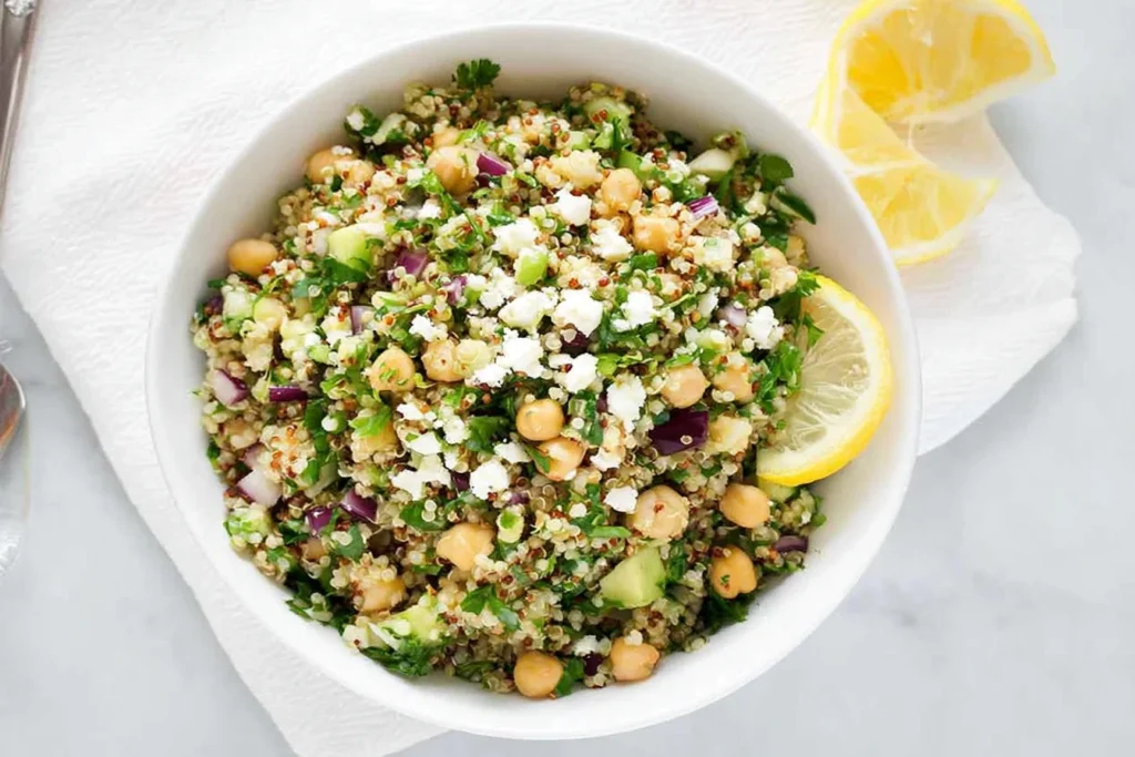 The Jennifer Aniston Salad in a white bowl with quinoa, chickpeas, cucumber, red onion, fresh herbs, feta, and lemon slices.