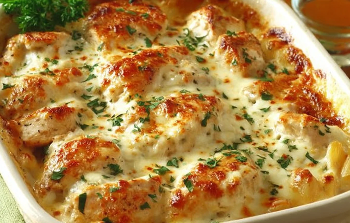 High Protein Chicken Alfredo Bake fresh from the oven with golden-browned cheese, creamy Alfredo-style sauce, and tender chicken pieces.