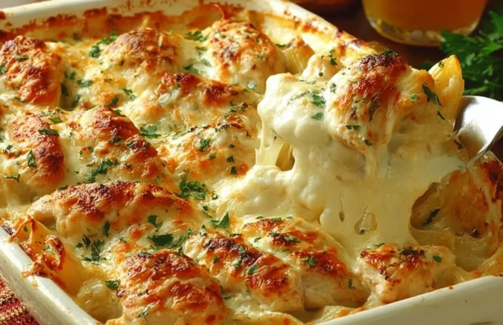 High Protein Chicken Alfredo Bake in a casserole dish with golden melted cheese, tender chicken pieces, and creamy Alfredo-style sauce.