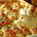 High Protein Chicken Alfredo Bake in a casserole dish with golden melted cheese, tender chicken pieces, and creamy Alfredo-style sauce.