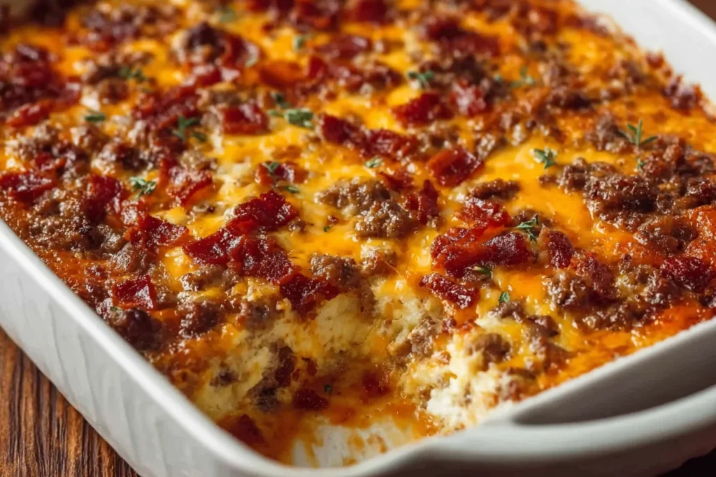 Low Carb Bacon Cheeseburger Casserole baked in a white dish with melted cheddar, browned ground beef, and crispy bacon on top.