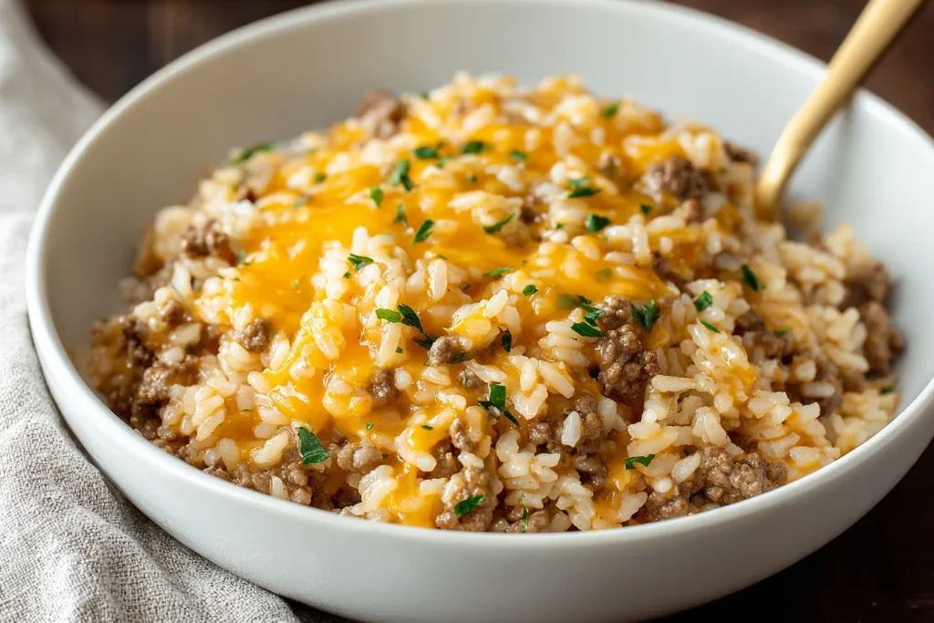 Cheesy Ground Beef and Rice Casserole in a white bowl with melted cheddar cheese and chopped parsley on top.