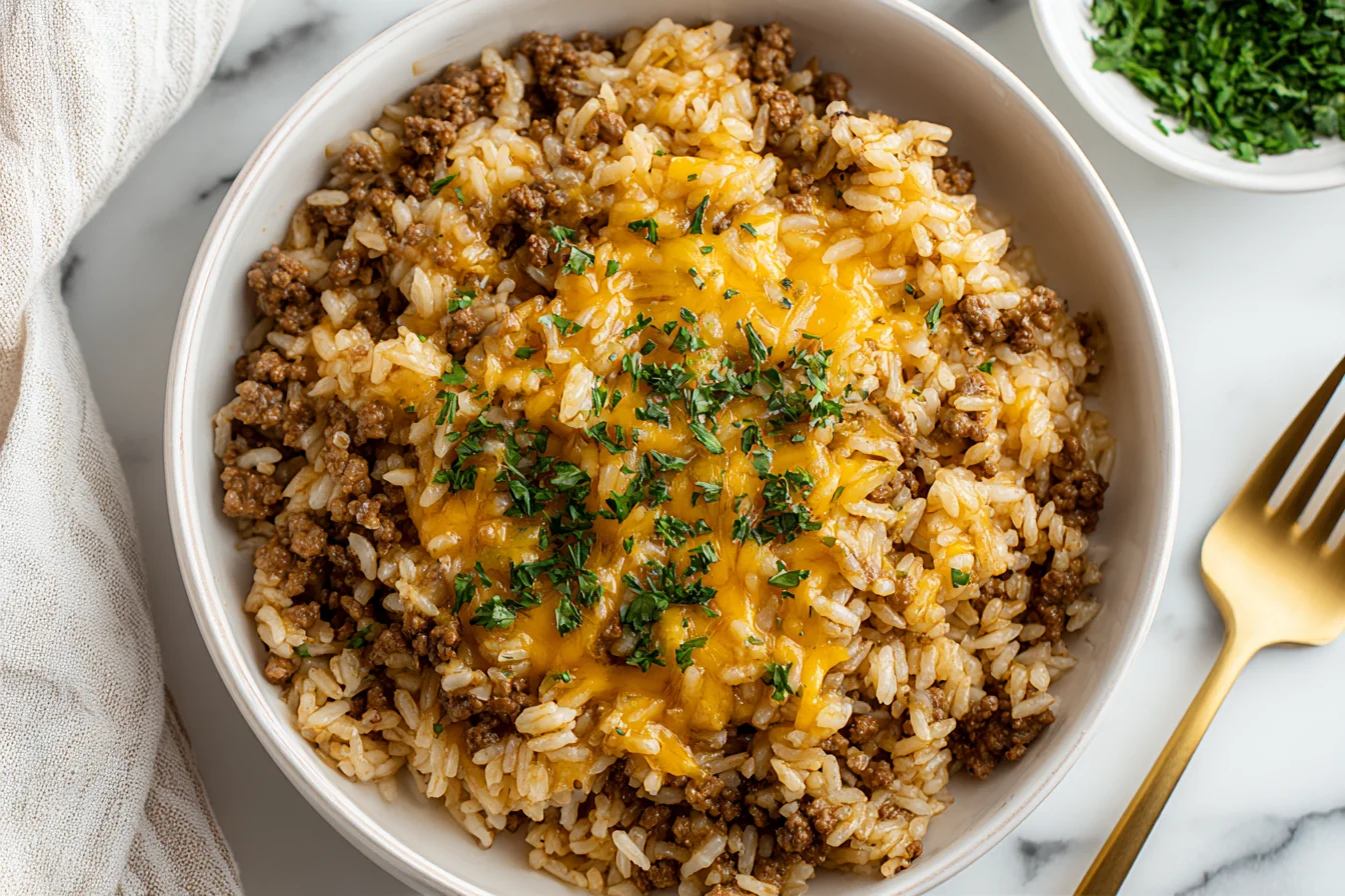 Cheesy Ground Beef and Rice Casserole in a bowl topped with melted cheddar cheese and fresh parsley, photographed from above.