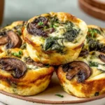 Spinach and Mushroom Quiche Muffins stacked on a plate, golden-brown egg cups with sautéed mushrooms and spinach, perfect for meal prep breakfast.