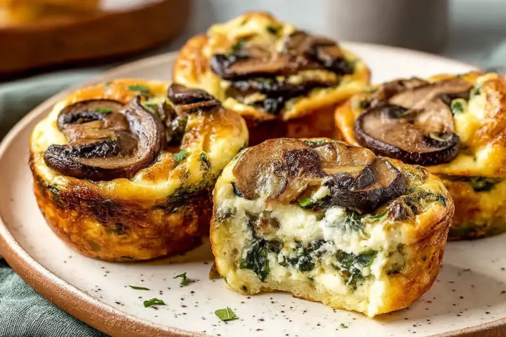 Spinach and Mushroom Quiche Muffins on a plate with one bitten open, showing fluffy egg filling with spinach, mushrooms, and cheese.