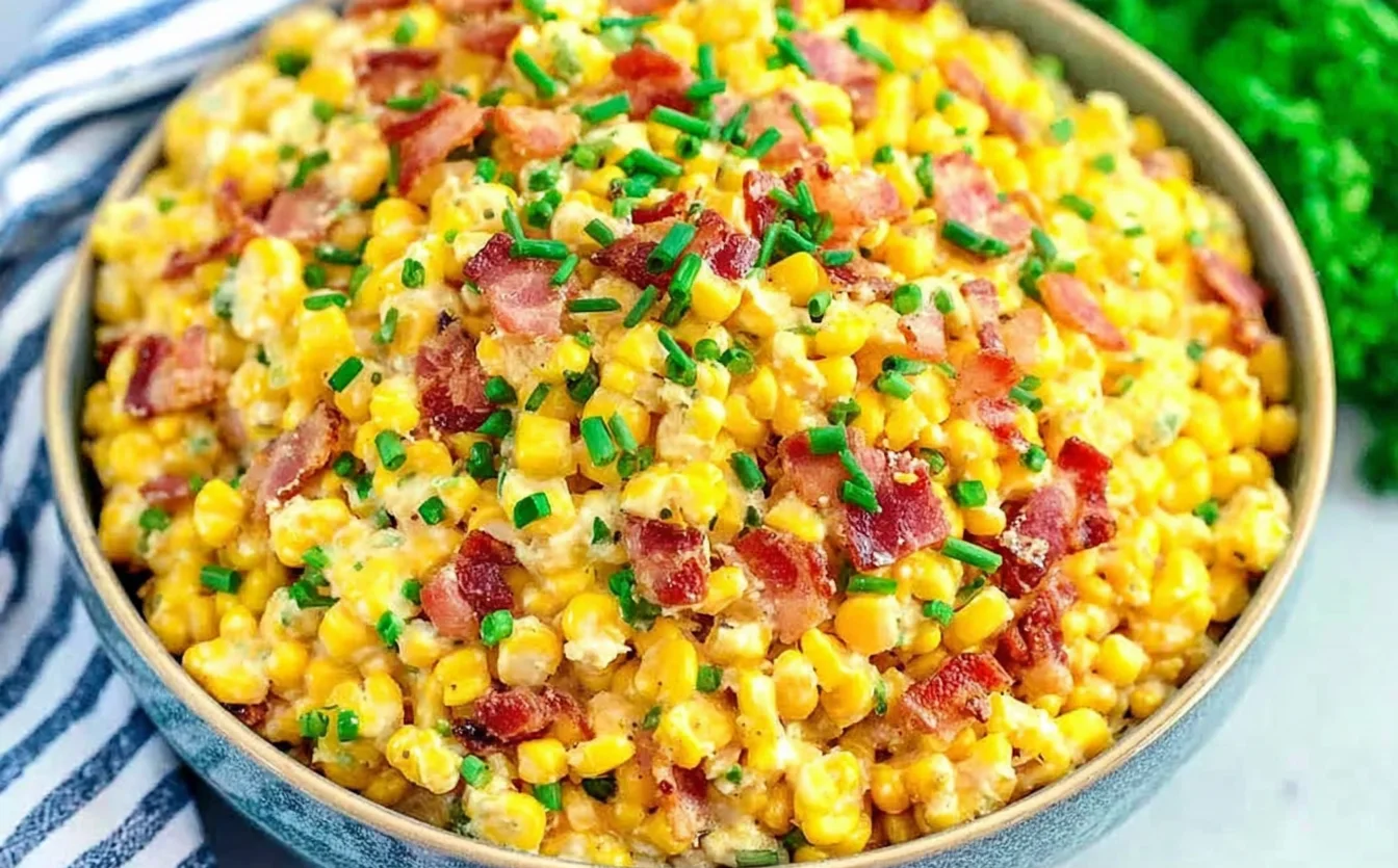 Bowl of creamy Crack Corn Salad topped with crispy bacon and fresh chives, ready to serve.