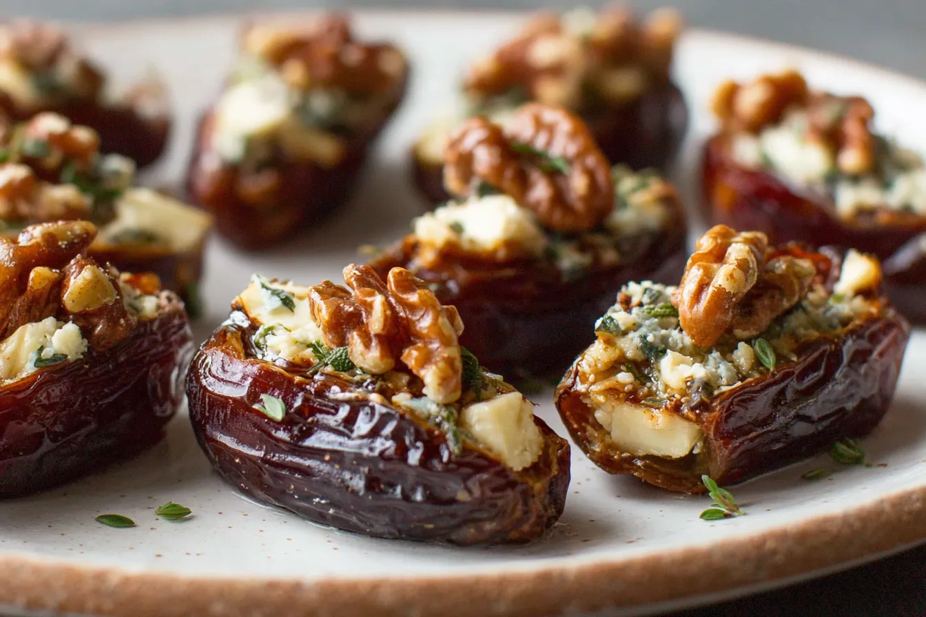 Air Fryer Brie Stuffed Dates served on a white plate with honey drizzle and herbs