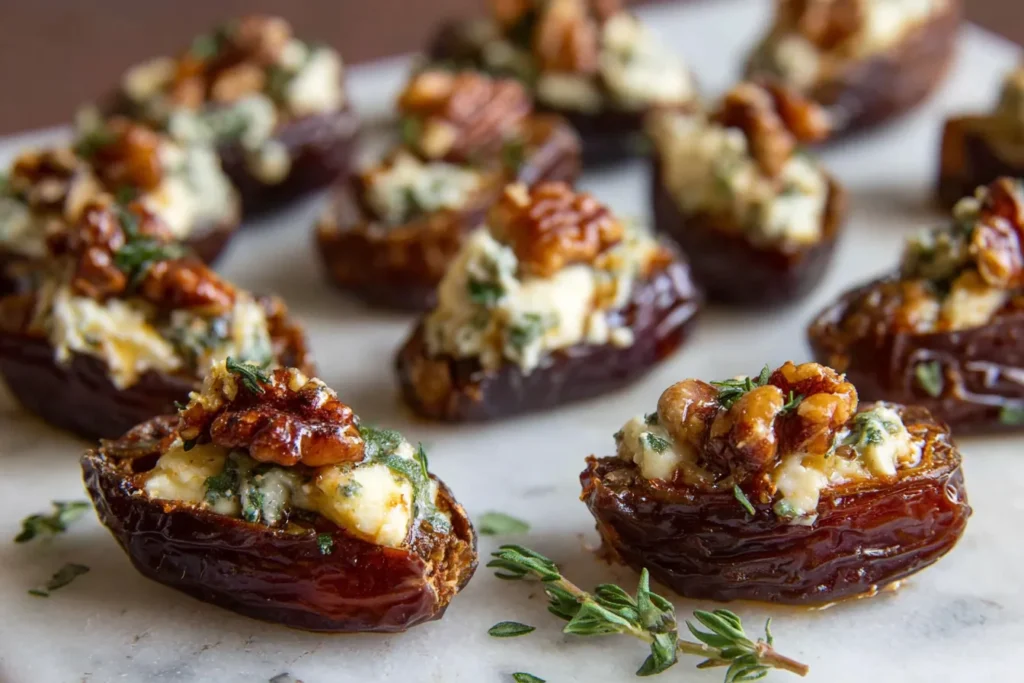 Air Fryer Brie Stuffed Dates topped with walnuts and fresh thyme on a marble surface