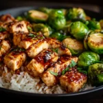 Air Fryer Sweet Chili Chicken and Brussels Sprouts bowl with rice and fresh herb garnish