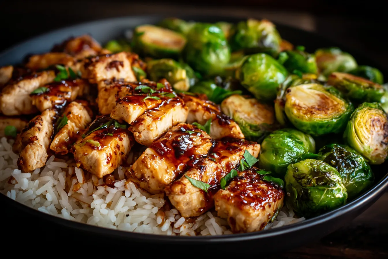 Air Fryer Sweet Chili Chicken and Brussels Sprouts bowl with rice and fresh herb garnish
