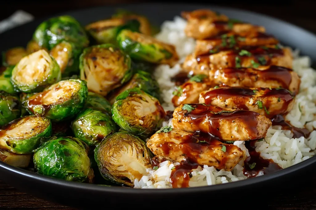Air Fryer Sweet Chili Chicken and Brussels Sprouts with caramelized sprouts and glazed chicken slices