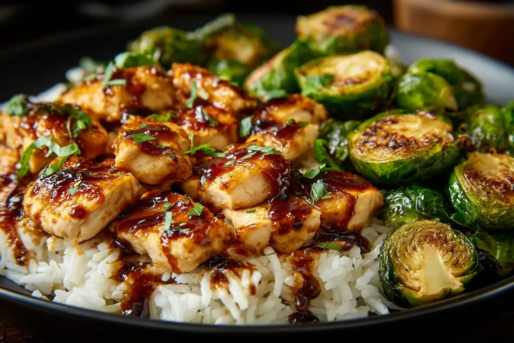 Air Fryer Sweet Chili Chicken and Brussels Sprouts served over white rice with glossy sweet chili glaze