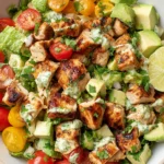 Avocado Chicken Salad with grilled chicken, diced avocado, cherry tomatoes, romaine, cilantro, and lime in a bowl.