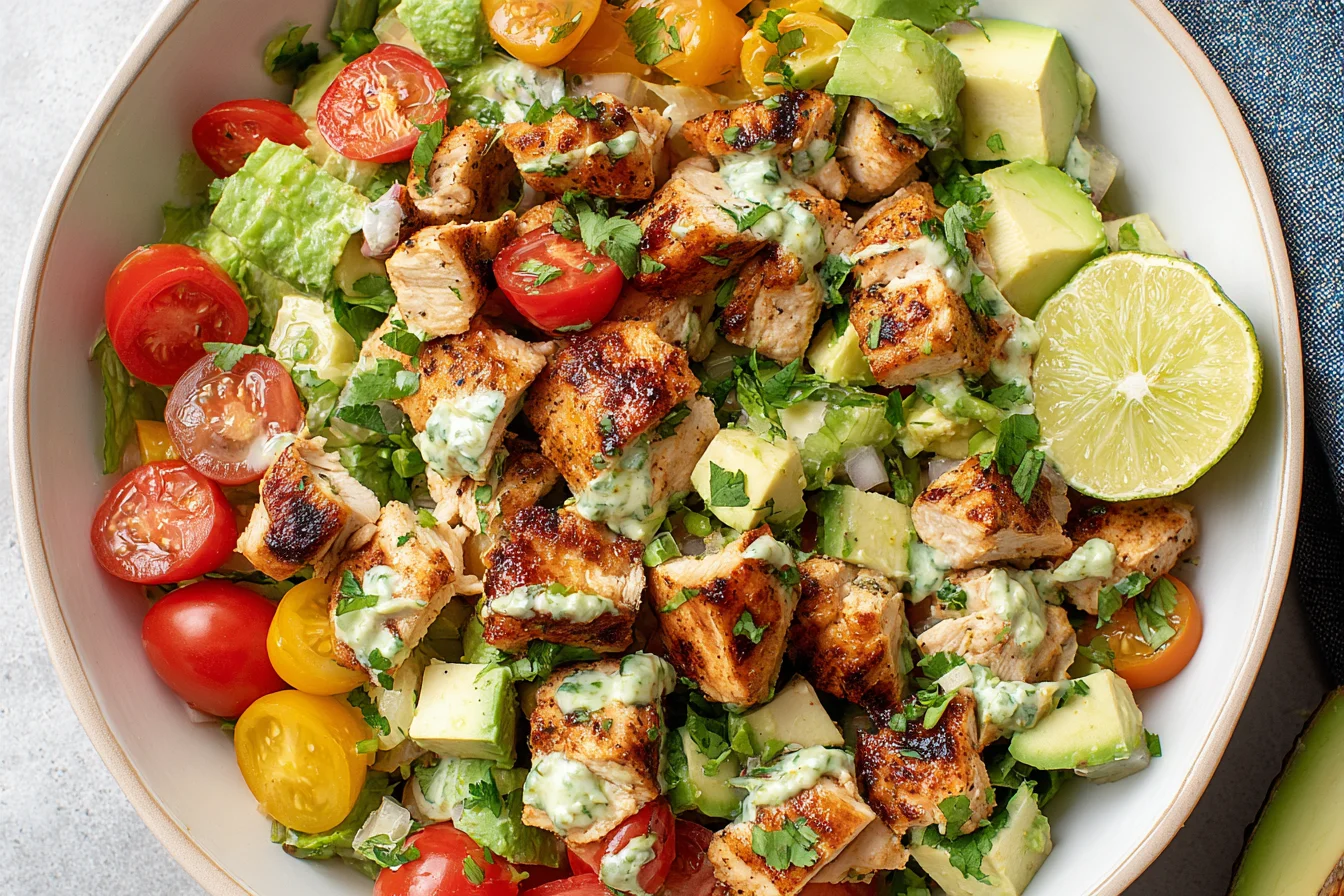 Avocado Chicken Salad with grilled chicken, diced avocado, cherry tomatoes, romaine, cilantro, and lime in a bowl.
