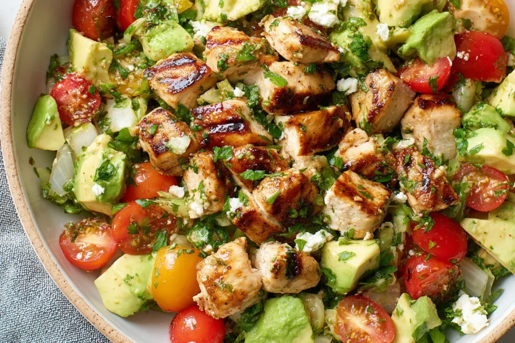 Avocado Chicken Salad with grilled chicken bites, diced avocado, cherry tomatoes, herbs, and a zesty lime dressing in a bowl.