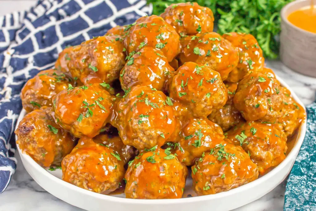 Awesome Sauce Party Meatballs served on a platter with thick sweet and spicy glaze and fresh parsley