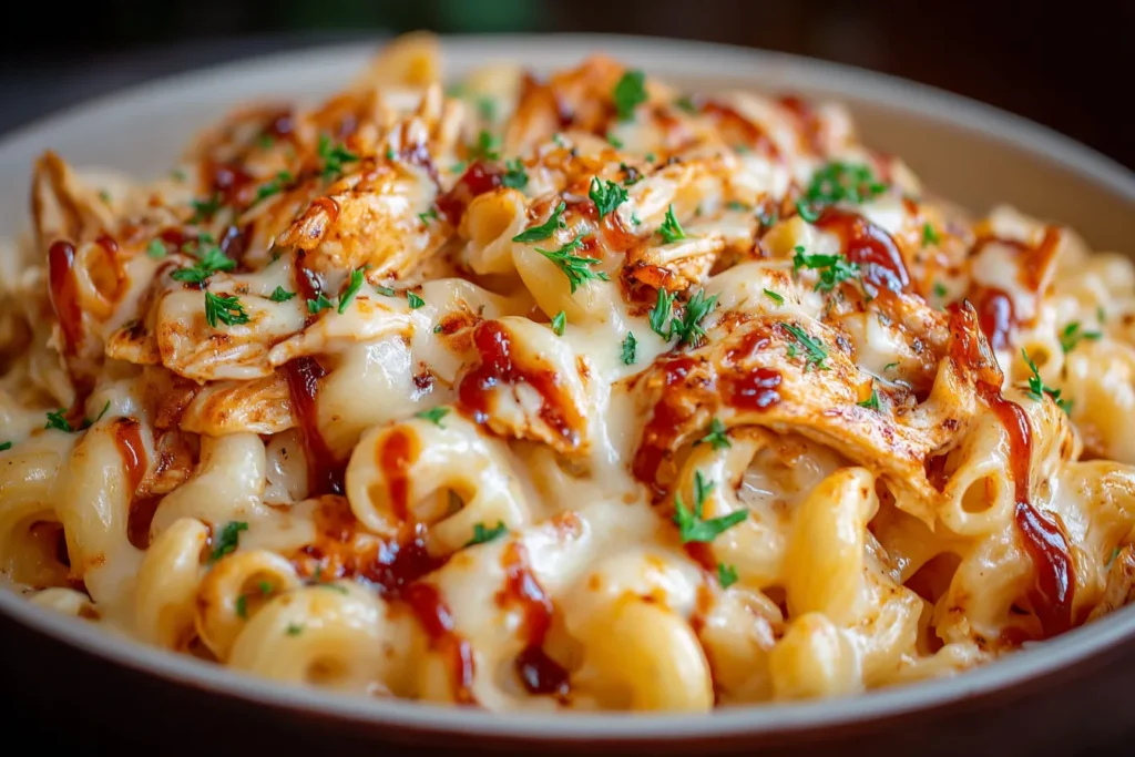BBQ Chicken Mac and Cheese topped with shredded chicken and drizzled BBQ sauce