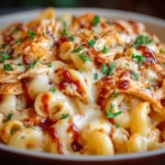 BBQ Chicken Mac and Cheese topped with shredded chicken and drizzled BBQ sauce