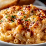 BBQ Chicken Mac and Cheese baked until golden and bubbly with melted cheddar and mozzarella