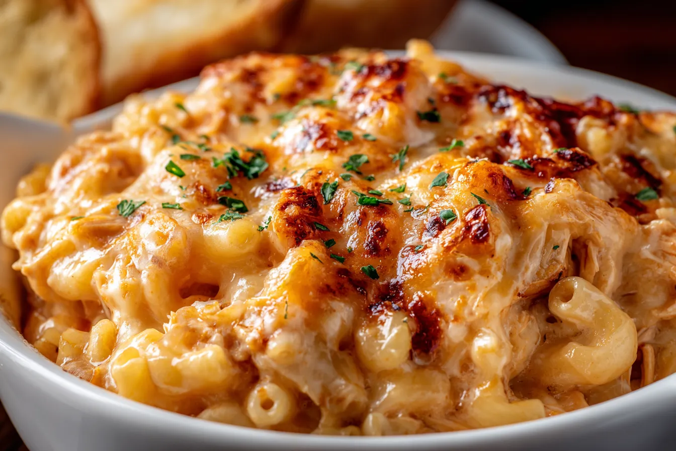 BBQ Chicken Mac and Cheese baked until golden and bubbly with melted cheddar and mozzarella