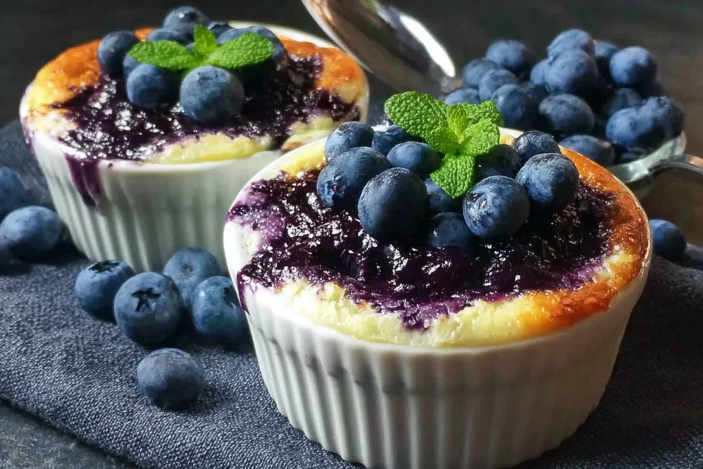 Baked Blueberry Cottage Cheese Bowls in white ramekins topped with fresh blueberries and mint, with jammy blueberry swirls and golden edges.