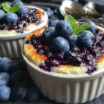Baked Blueberry Cottage Cheese Bowls baked in white ramekins with golden edges, topped with fresh blueberries and mint over a jammy blueberry layer.
