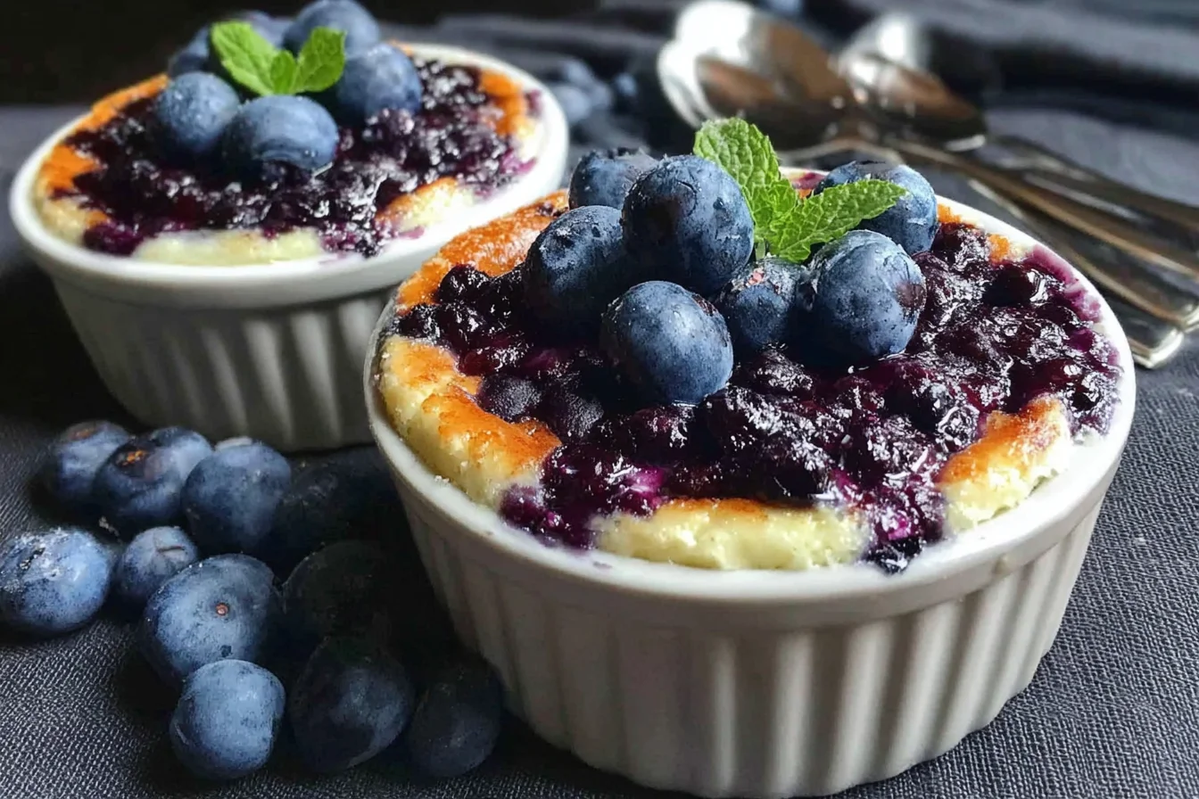 Baked Blueberry Cottage Cheese Bowls baked in white ramekins with golden edges, topped with fresh blueberries and mint over a jammy blueberry layer.