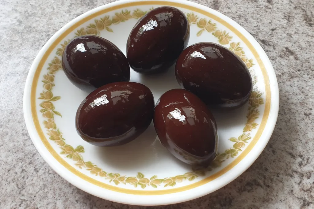 Balsamic Pickled Egg Recipe showing deeply colored pickled eggs up close