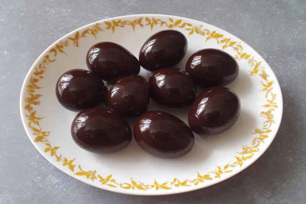Balsamic Pickled Egg Recipe with glossy dark pickled eggs served on a vintage plate