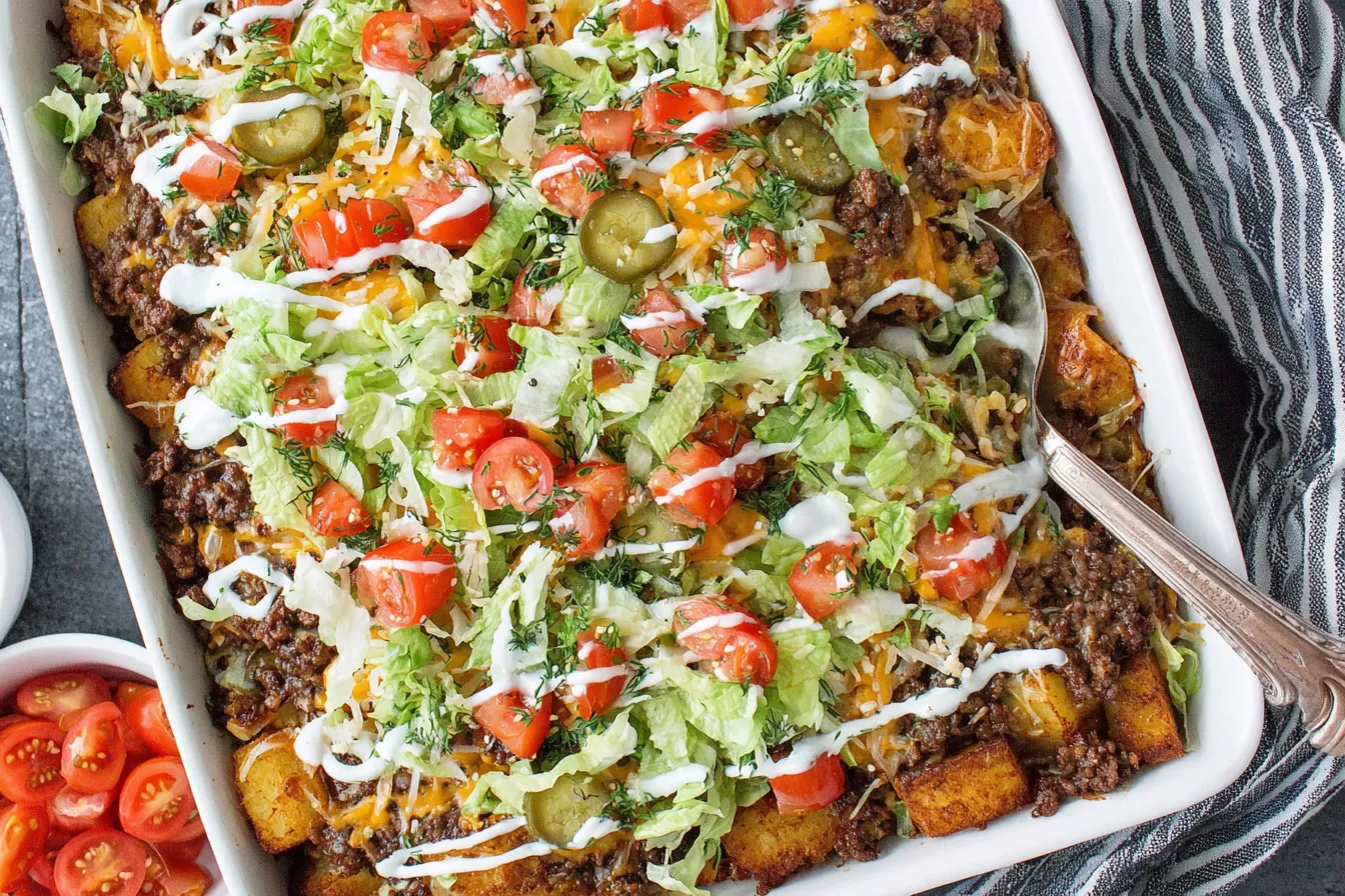 Big Mac Casserole with crispy potatoes, ground beef, pickles and creamy special sauce ready to serve