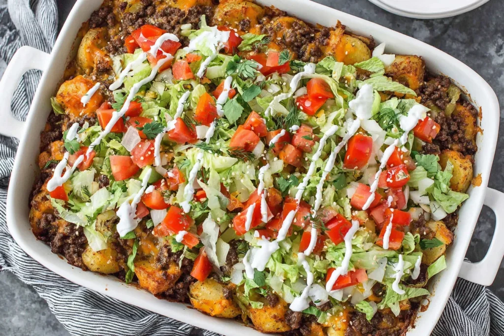 Big Mac Casserole baked with ground beef, crispy potatoes, lettuce, tomatoes and special sauce drizzle