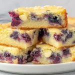 Blueberry Blondies stacked on a plate showing fudgy texture and juicy blueberry pockets