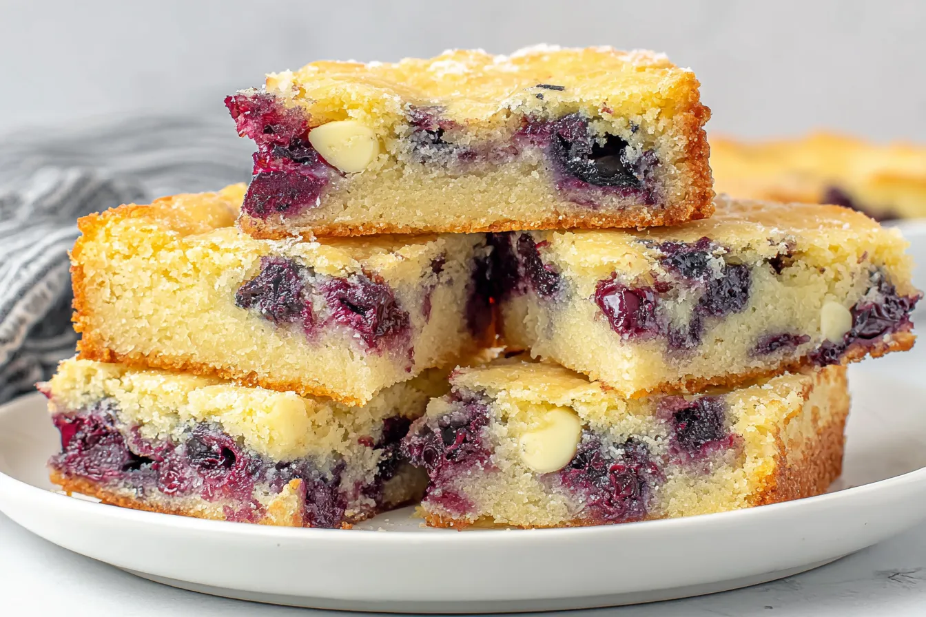 Blueberry Blondies stacked on a plate showing fudgy texture and juicy blueberry pockets