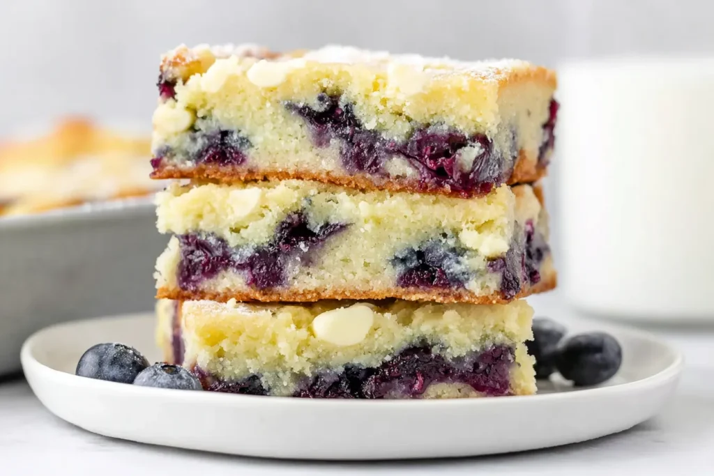 Blueberry Blondies stacked on a white plate with fresh blueberries and white chocolate chips inside