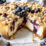 Blueberry Crumble Cheesecake whole cake with buttery crumble topping and baked blueberries on a graham cracker crust