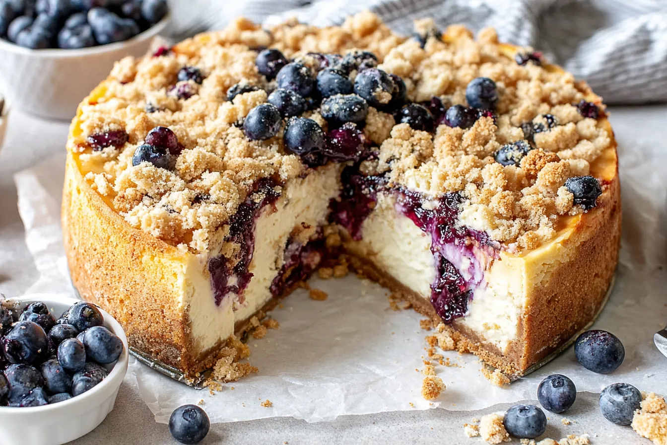 Blueberry Crumble Cheesecake whole cake with buttery crumble topping and baked blueberries on a graham cracker crust