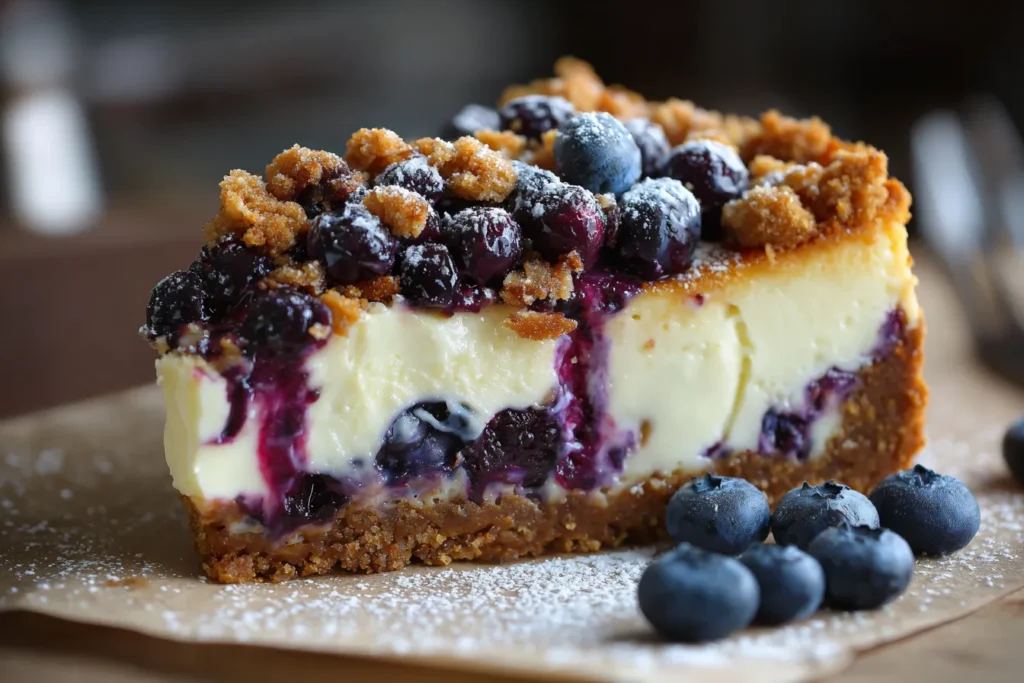 Blueberry Crumble Cheesecake slice with creamy filling, juicy baked blueberries and golden crumble topping on graham cracker crust