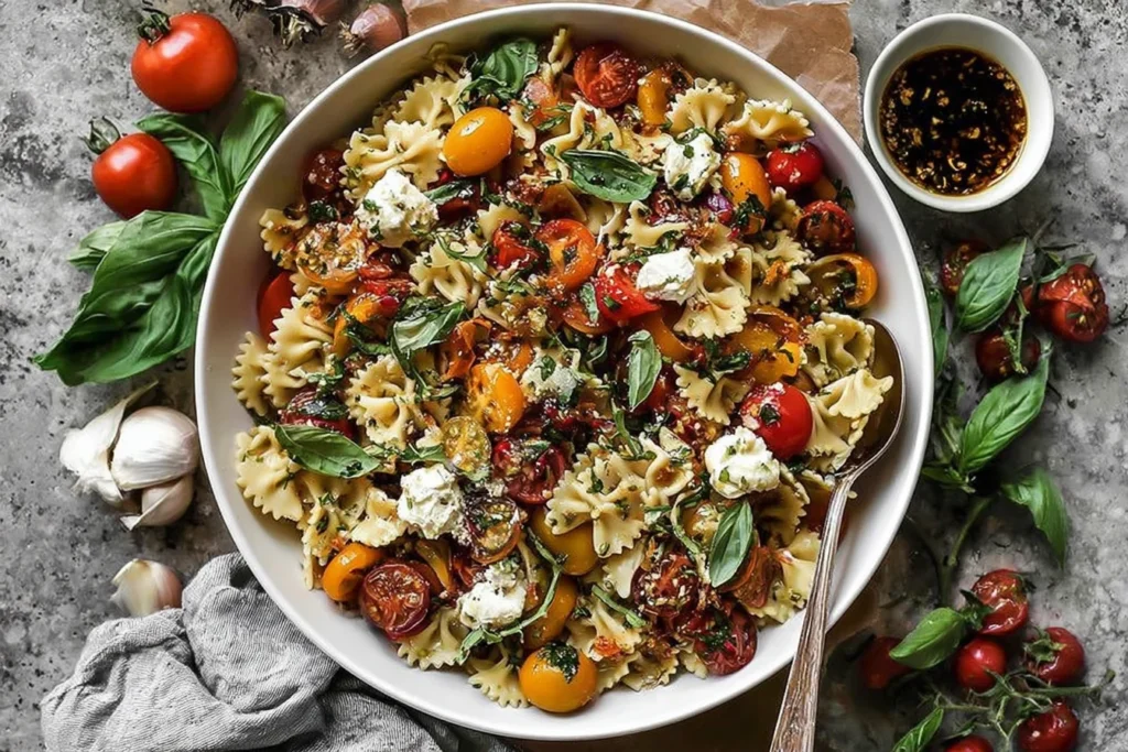 Bruschetta Pasta Salad in a large white bowl with bowtie pasta, cherry tomatoes, fresh basil, mozzarella, and a light vinaigrette, served with a spoon.
