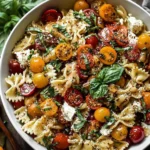 Bruschetta Pasta Salad with bowtie pasta, cherry tomatoes, fresh basil, and mozzarella in a white bowl, finished with olive oil and cracked pepper.