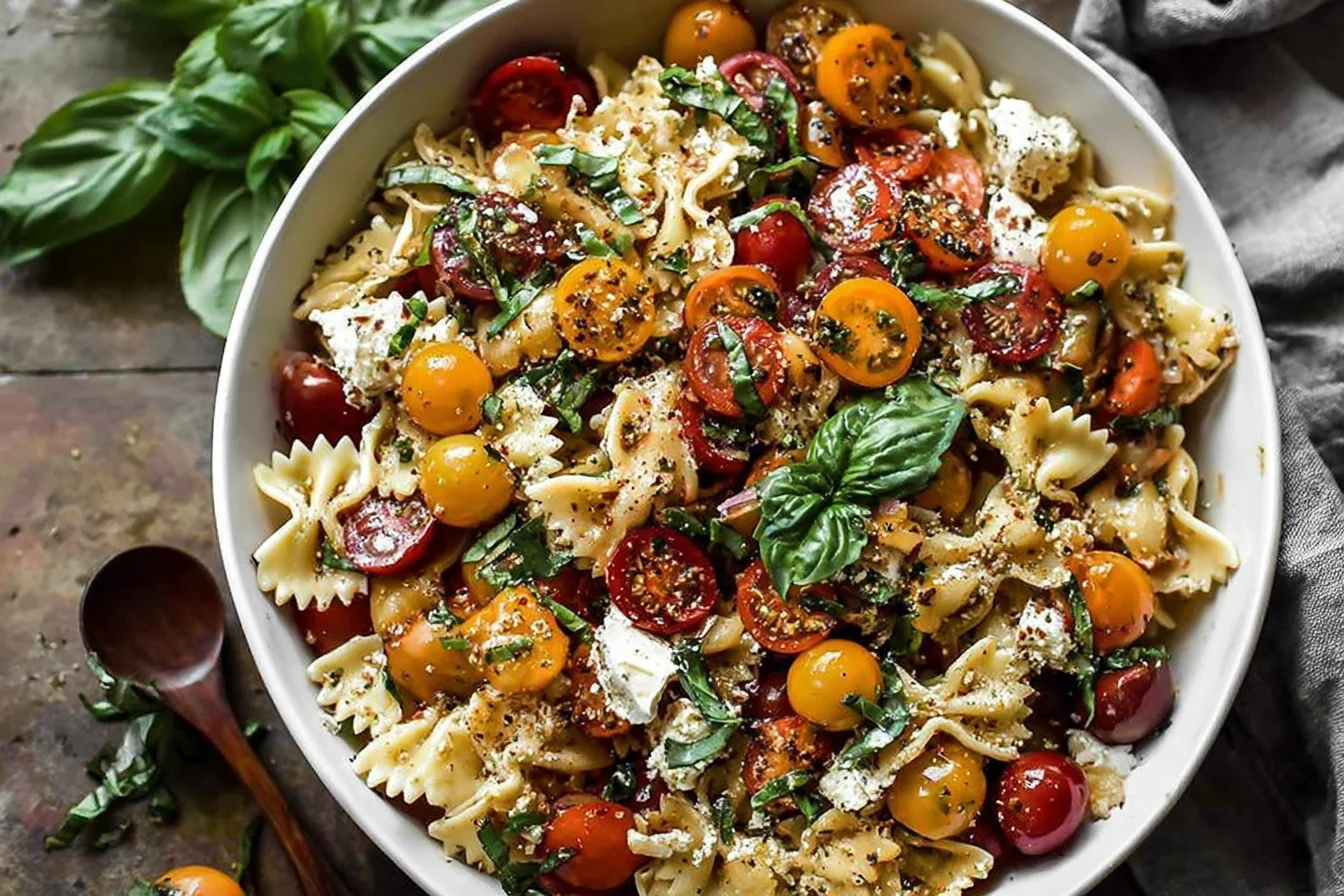 Bruschetta Pasta Salad with bowtie pasta, cherry tomatoes, fresh basil, and mozzarella in a white bowl, finished with olive oil and cracked pepper.