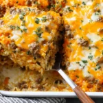 Butternut Squash Casserole With Ground Beef & Rice sliced and lifted from baking dish showing layered rice and cheese